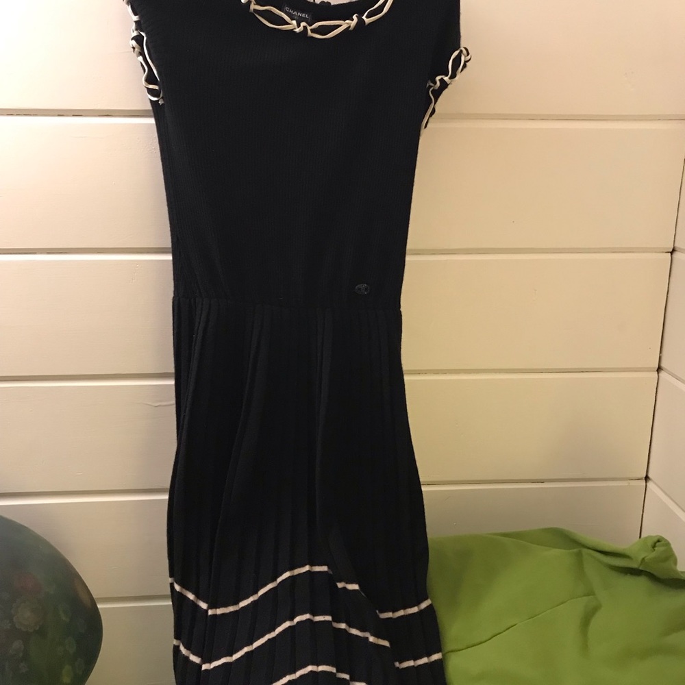 Black Wool Chanel Pleated Dress